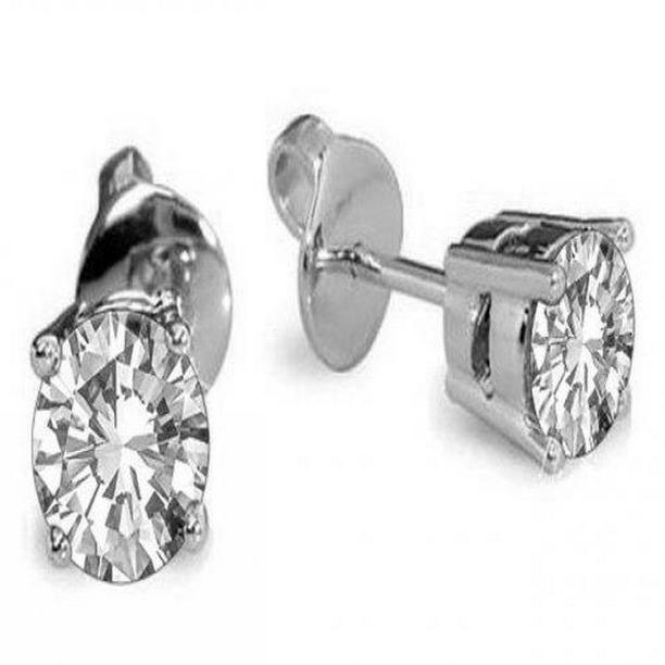 49123 2 CT 4 Prong Set Oval Solitaire Diamond Stud Earrings, White Gold