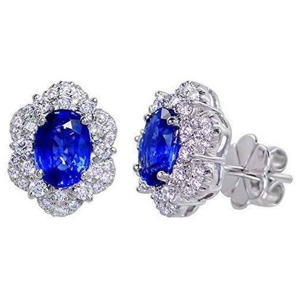 Picture of Harry Chad Enterprises 49189 4 CT Blue Oval Sapphire & Round Diamond Stud Earring&#44; 14K White Gold