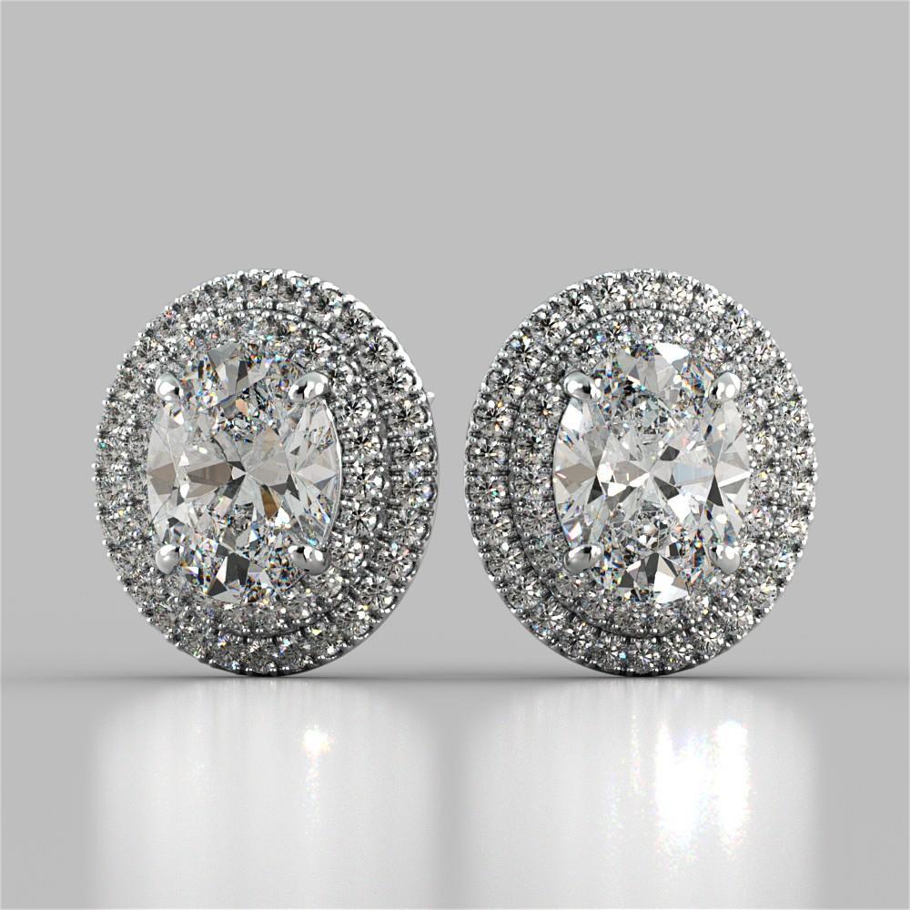49276 5 CT Prong Set Oval Double Halo Diamond Stud Earring, White Gold