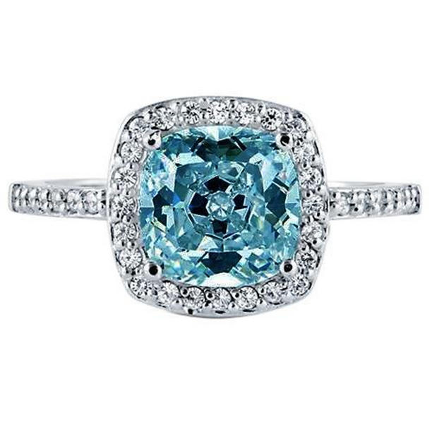 50556 1.91 CT Blue Cushion Halo Center Gemstone Ring, 14K White Gold - Size 6.5