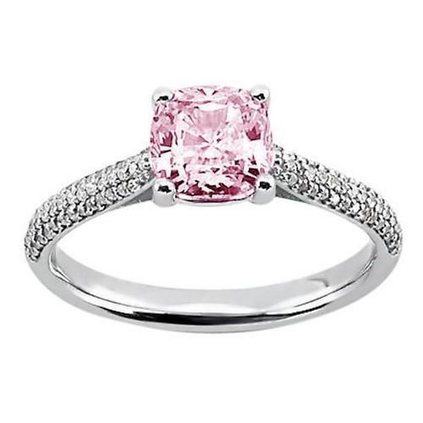 2.01 CT Pink Sapphire Cushion Round Diamonds White Gold Gemstone Ring, Size 6.5