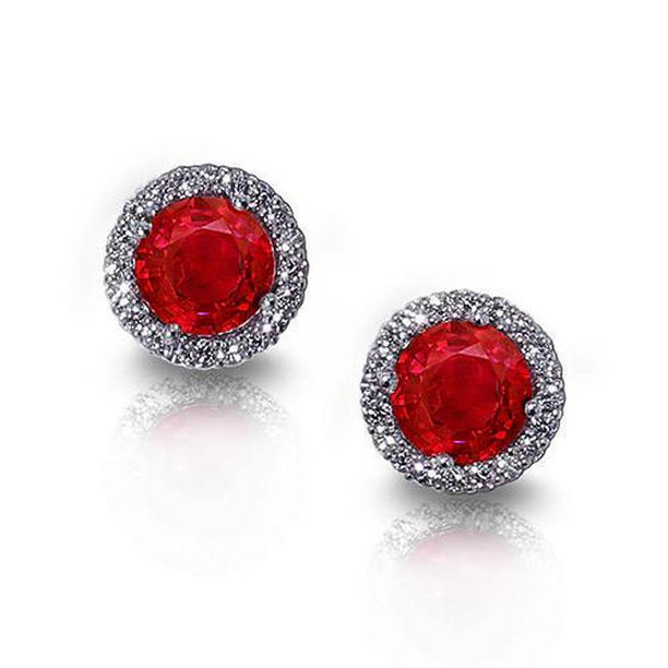 Picture of Harry Chad Enterprises 51899 Round Red Ruby with Halo Diamond 7 CT Lady Stud Earrings&#44; White Gold