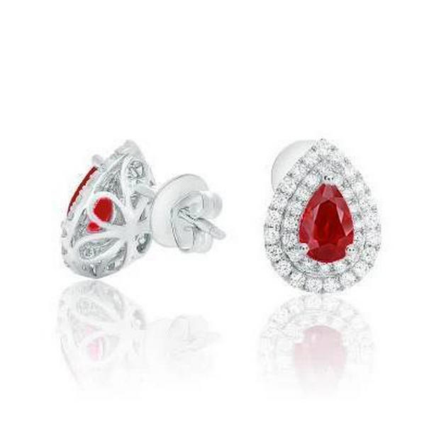 4.20 CT Ruby with Halo Diamond Ladies Stud Earring, 14K White Gold