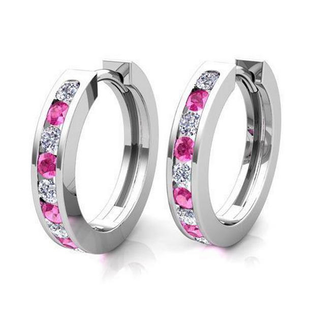 8 CT Pink Sapphire & Diamond Bezel Set Hoop Earrings, 14K Gold