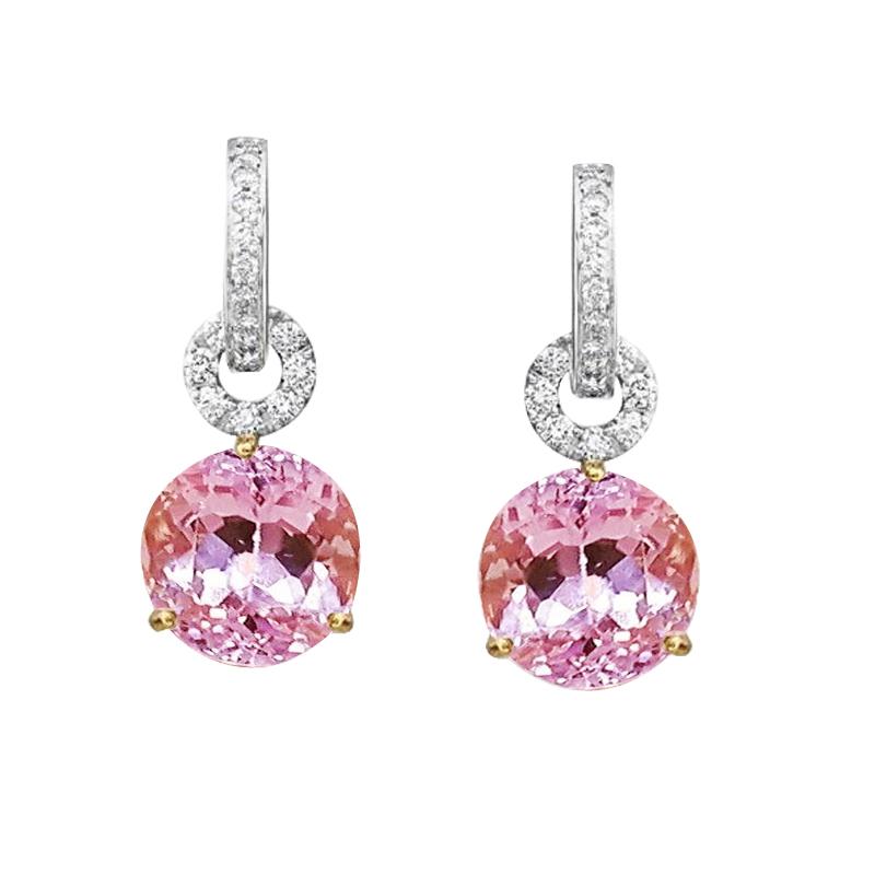 21 CT Pink Kunzite with Diamond Dangle Woman Earrings, 14K White Gold
