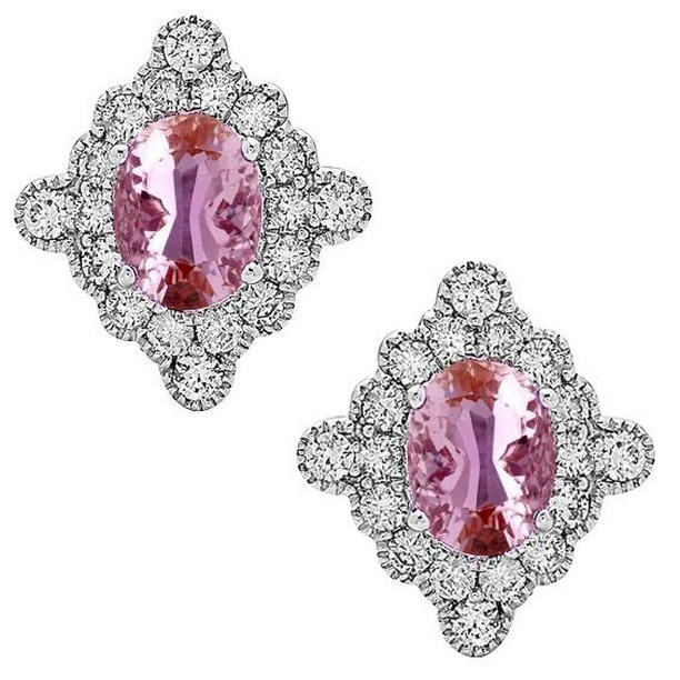 51953 22 CT Halo Diamond Stud Earrings with Pink Kunzite, 14K White Gold