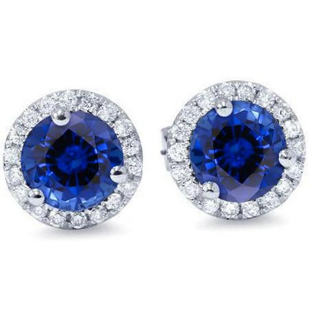 3.60 CT Sri Lankan Sapphire Round Cut Halo Diamond Stud Earring