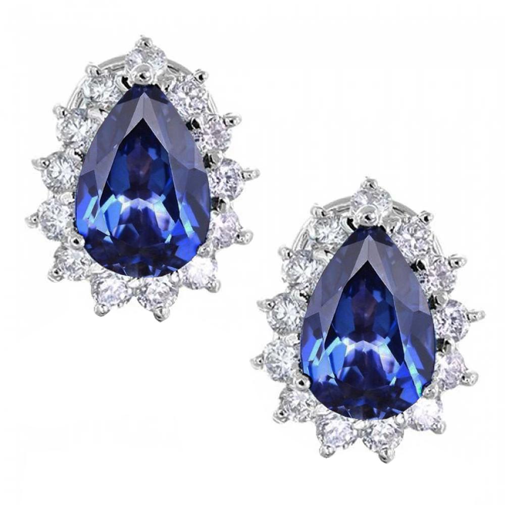 3.50 CT Ceylon Blue Sapphire & Diamond Stud Earring, 14K White Gold