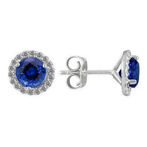 3.36 CT Blue Sapphire Halo Diamond Stud Earrings, 14K White Gold