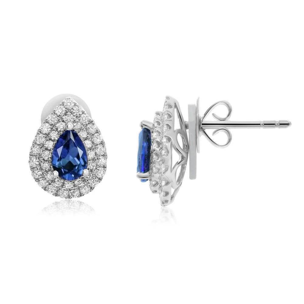 White Gold Blue Sapphire 2.74 CT Diamond Stud Halo Earring
