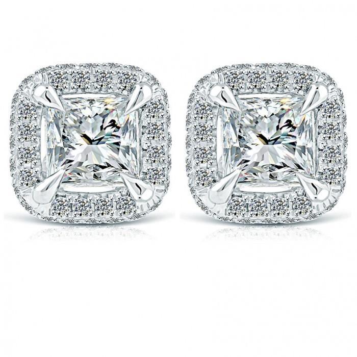52262 4 CT Princess & Round White Gold Pave Setting Halo Diamond Earring, Size 6.5