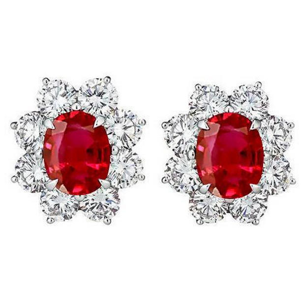 Red Ruby & Diamond 5.40 CT Halo Stud Earrings, 14K White Gold