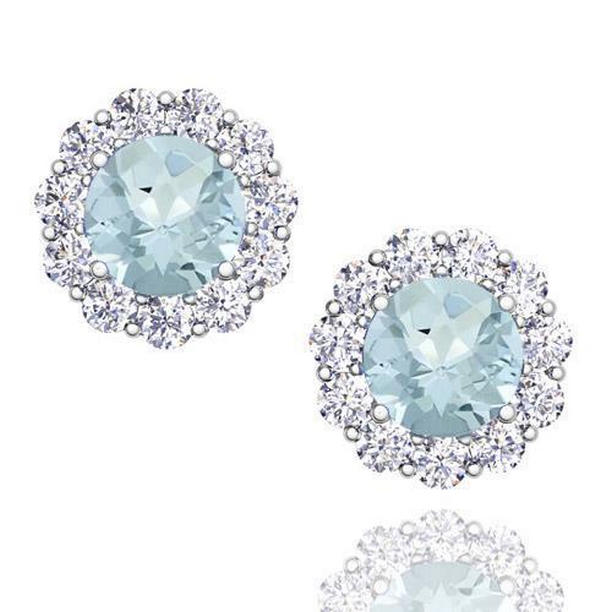 7 CT Round Cut Aquamarine with Halo Diamond Stud Earrings, 14K White Gold
