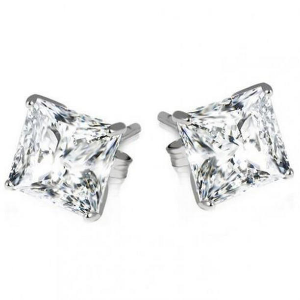 2 CT Princess Diamond Stud Lady Earrings, 14K White Gold
