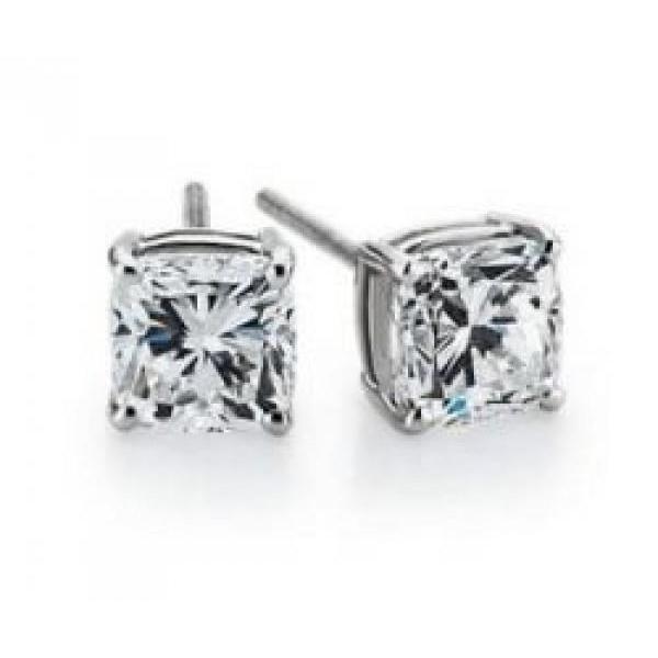 52472 2 CT Cushion Cut Stud Diamond Ladies Earrings, White Gold