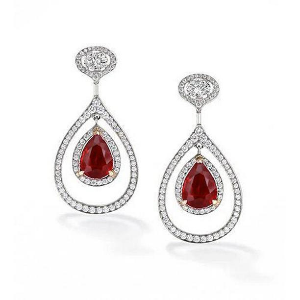 3.88 CT Pear Cut Red Ruby & Diamond Dangle Earring, 14K White Gold
