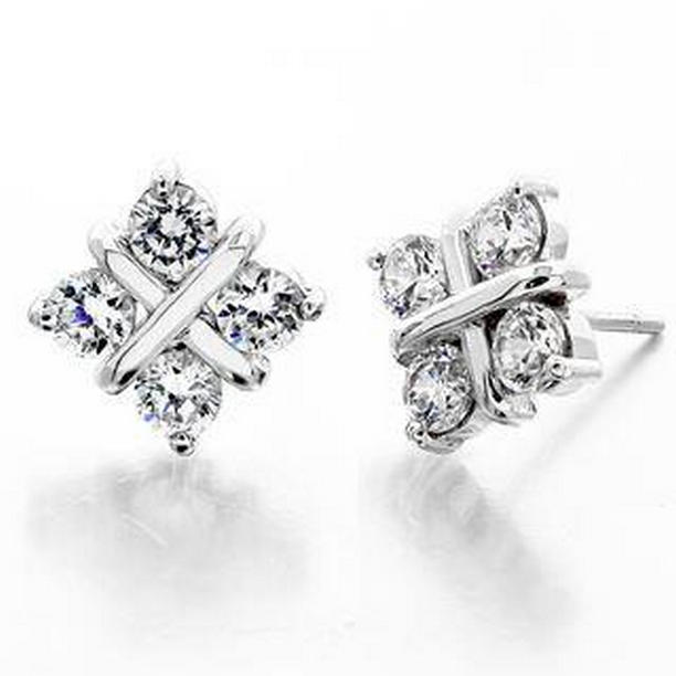 2 CT Round 4 Stone Pair Diamond Stud Earring, 14K White Gold