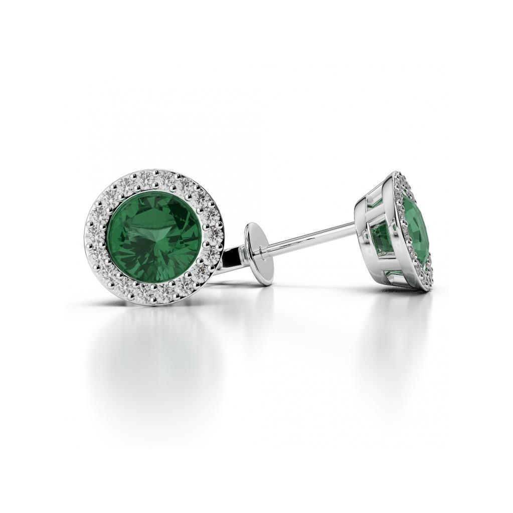 Green Emerald & Diamond 4 CT Stud Earrings, 14K White Gold