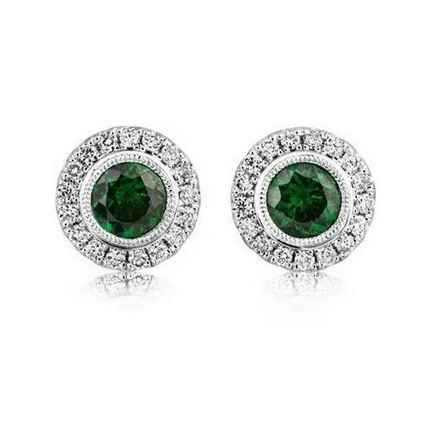Round Cut 4 CT Emerald with Diamond Halo Stud Earrings, Gold