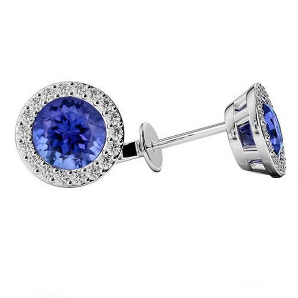 Halo Round Tanzanite with Diamond 3.86 CT Stud Earrings