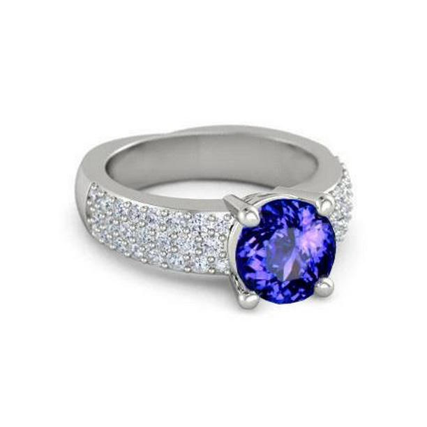 58877 3.70 CT Round Cut Tanzanite with Diamonds Ring, 14K White Gold - Size 6.5