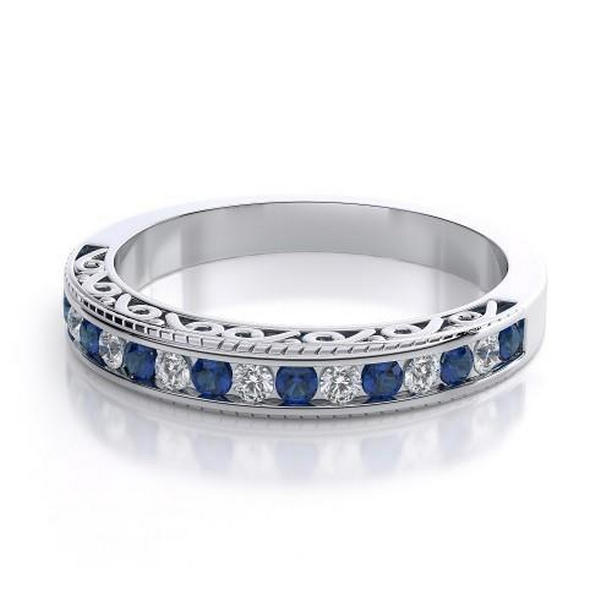 58900 3.40 CT Blue Round Sapphire White Gold Diamond Wedding Band, Size 6.5