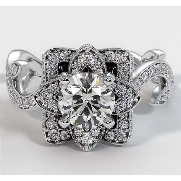58951 Lotus Flower 2.50 CT 4 Prong Setting Diamond Ring, White Gold - Size 6.5