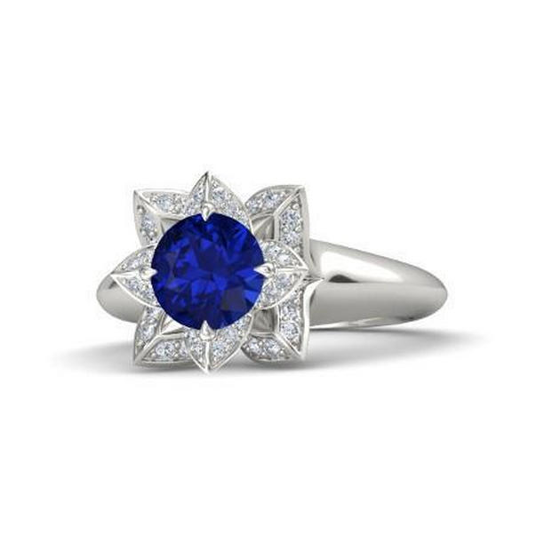60858 2.50 CT Sri Lanka Sapphire & Diamond Wedding Ring, 14K White Gold - Size 6.5