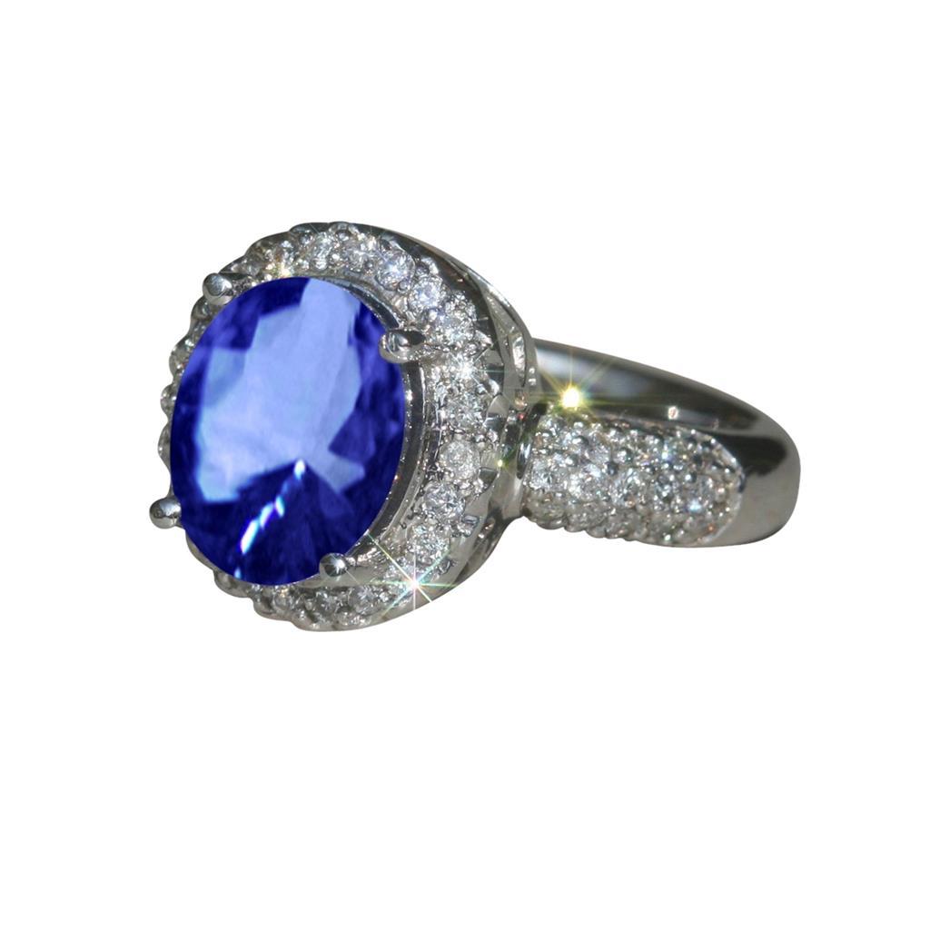 60865 4.40 CT Ceylon Sapphire Pave Diamonds Solid Anniversary Ring, 14K White Gold - Size 6.5