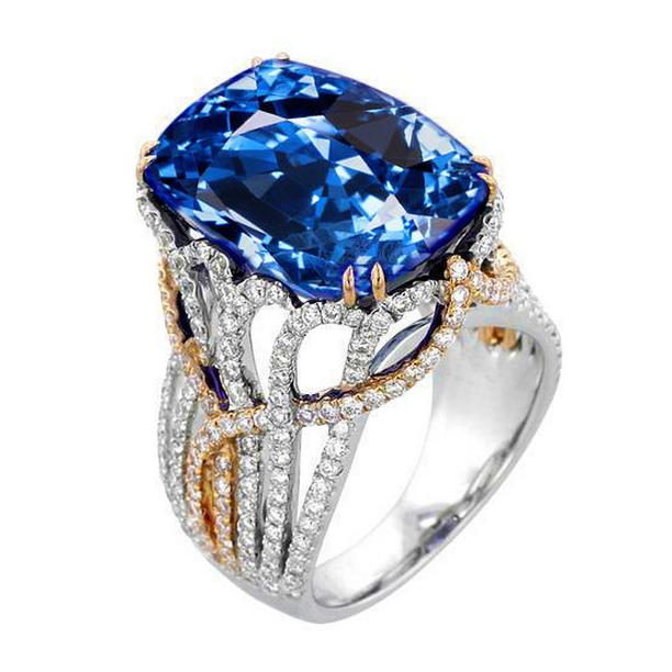 Picture of Harry Chad Enterprises 60867 Ceylon Blue Sapphire & Diamonds 8.51 CT Two Tone Ring&#44; Size 6.5
