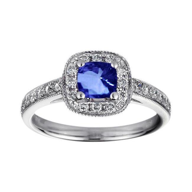 60874 Cushion Sri Lanka Blue Sapphire Diamond 1.25 CT Ring, 14K White Gold - Size 6.5