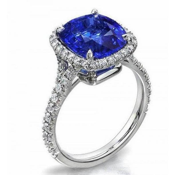 60876 3 CT Cushion Sri Lanka Sapphire Round Diamonds Wedding Ring, Gold - Size 6.5