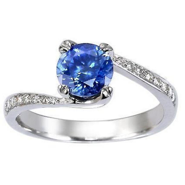60877 Round Brilliant Cut 2.50 CT Sri Lanka Sapphire Diamond Ring, White Gold - Size 6.5