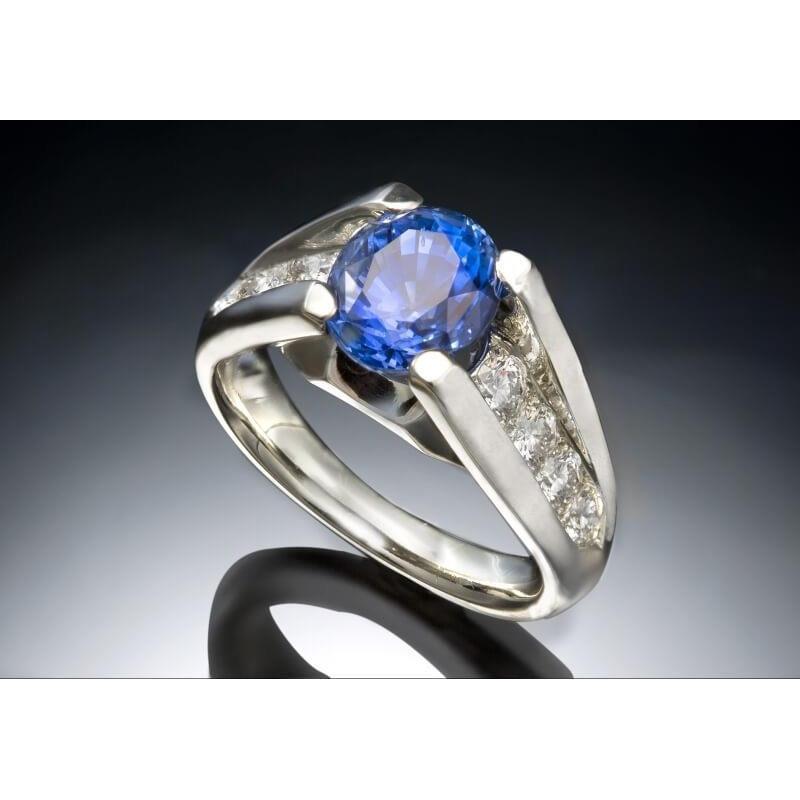 60878 Round 2.50 CT Sri Lanka Sapphire Diamond Ring, 14K White Gold - Size 6.5