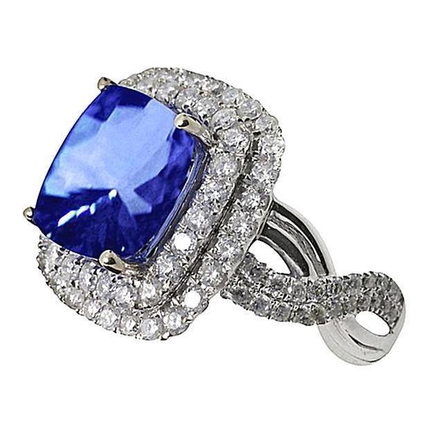 60886 White Gold 4.50 CT Cushion Ceylon Sapphire Diamond Gemstone Ring, Size 6.5