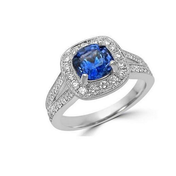 60887 14K White Gold Ceylon Sapphire & Diamonds 3.60 CT Anniversary Ring, Size 6.5