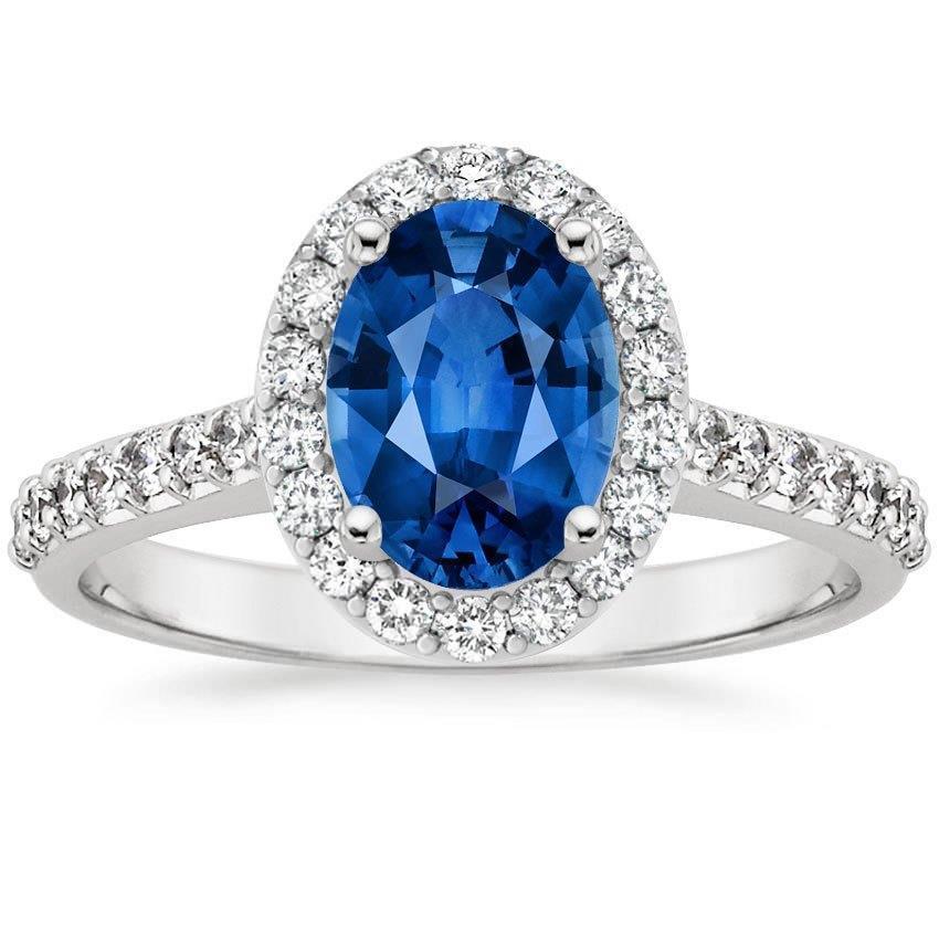 60894 2.15 CT Ceylon Blue Sapphire Halo 14K White Gold Oval Diamond Ring, Size 6.5