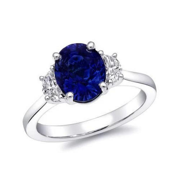 3 CT Oval Ceylon Sapphire Diamonds Ring, 14K White Gold - Size 6.5