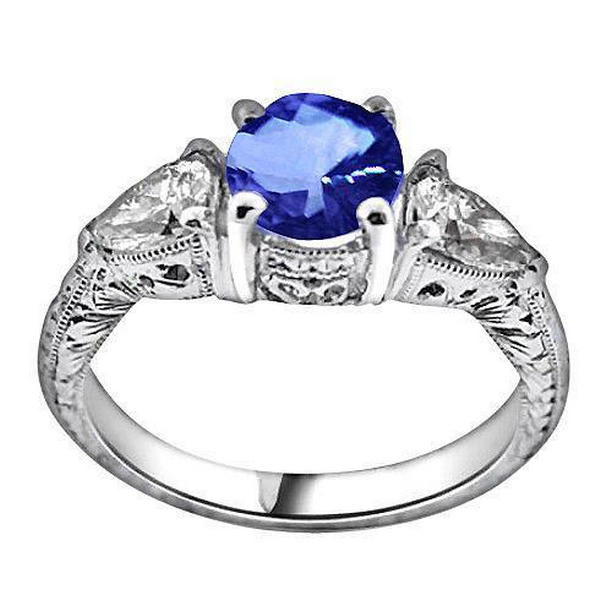 60906 4.01 CT Sri Lanka Sapphire Trillion Diamonds 3-Stone Wedding Ring, Size 6.5