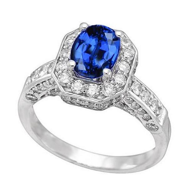 60907 3.61 CT Sri Lankan Sapphire Oval Diamonds Wedding Ring, White Gold - Size 6.5