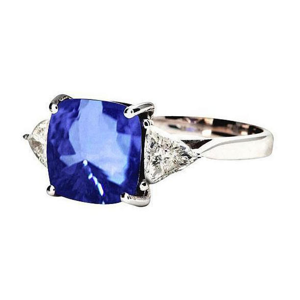 60914 White Gold Cushion Ceylon Blue Sapphire Diamond 3 CT 3-Stone Ring, Size 6.5