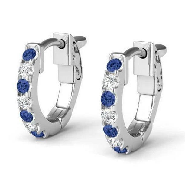 4.20 CT Ceylon Sapphire Diamond Ladies Hoop Earring, 14K White Gold