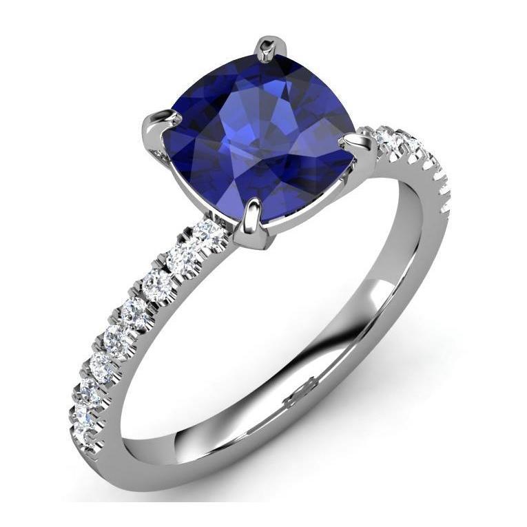 Cushion Ceylon Sapphire & Diamonds 2.90 CT Ring, 14K White Gold - Size 6.5