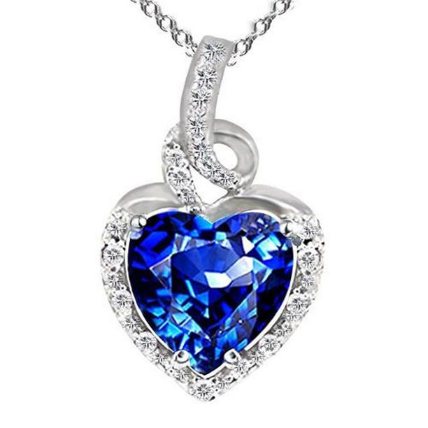 2 CT Heart Ceylon Sapphire Diamond Pendant, 14K Solid White Gold