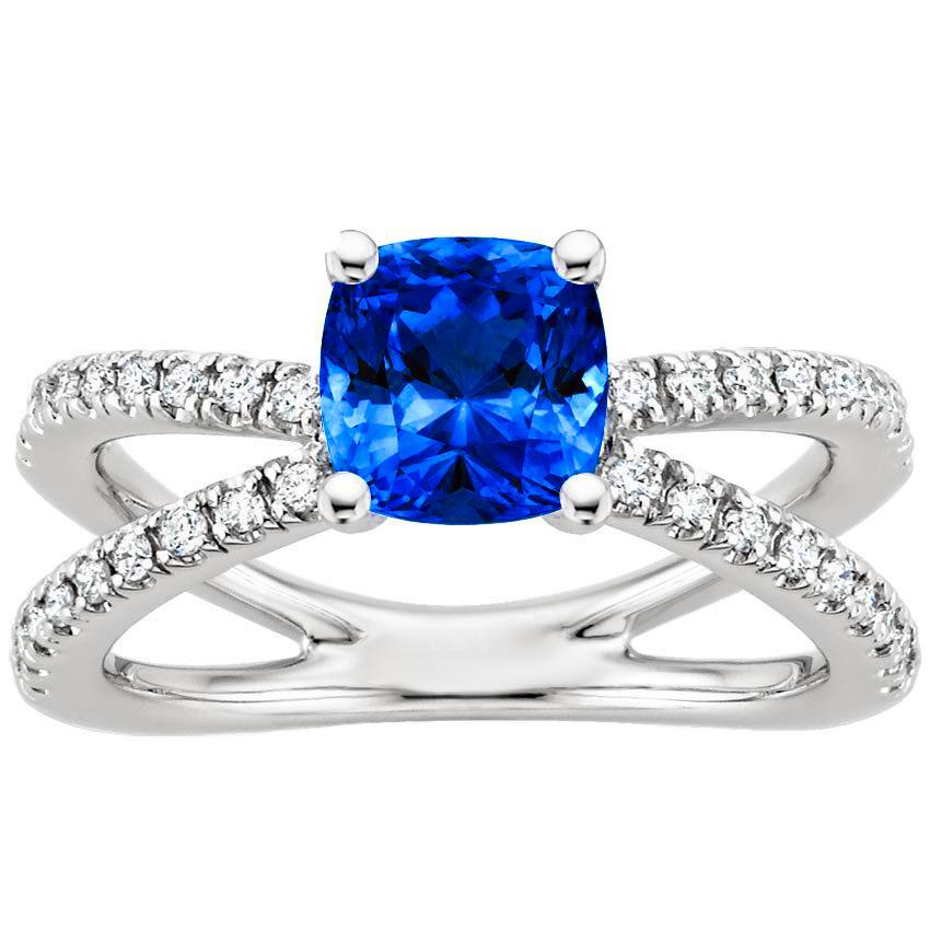 60919 2.50 CT Ceylon Sapphire with Diamonds Ring, 14K White Gold - Size 6.5