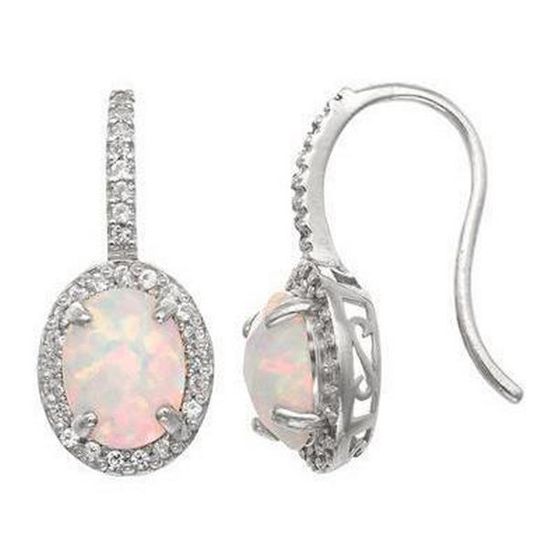 13 CT Prong Set Opal & Diamonds Dangle Earrings, 14K White Gold
