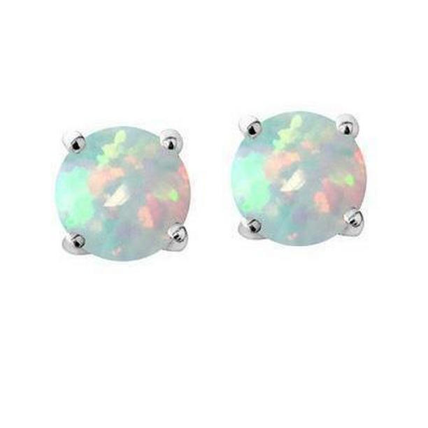 61579 Prongs Set Round Cut 14 CT Opal Stud Earrings, 14K White Gold