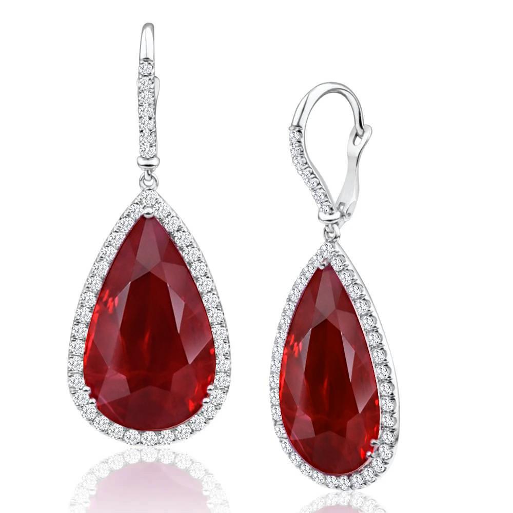 Red Pear Cut Ruby & Diamonds 8 CT Dangle Earrings, 14K White Gold