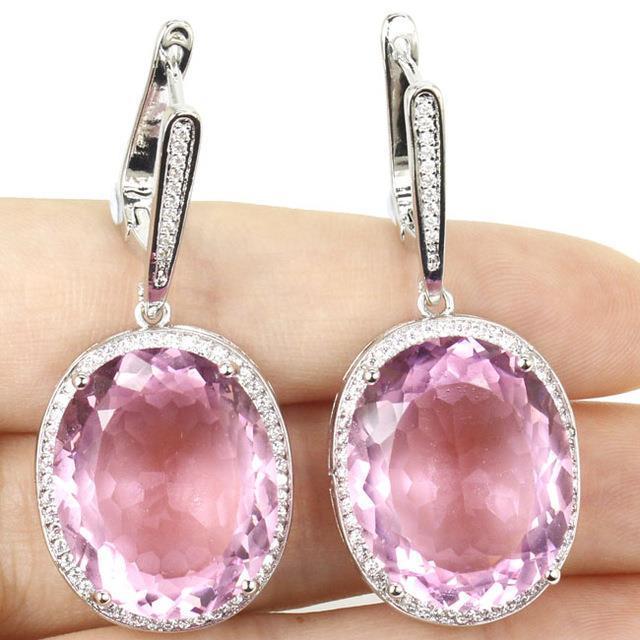 25.00 CT Prong Set Kunzite & Diamonds Dangle Earrings, 14K White Gold