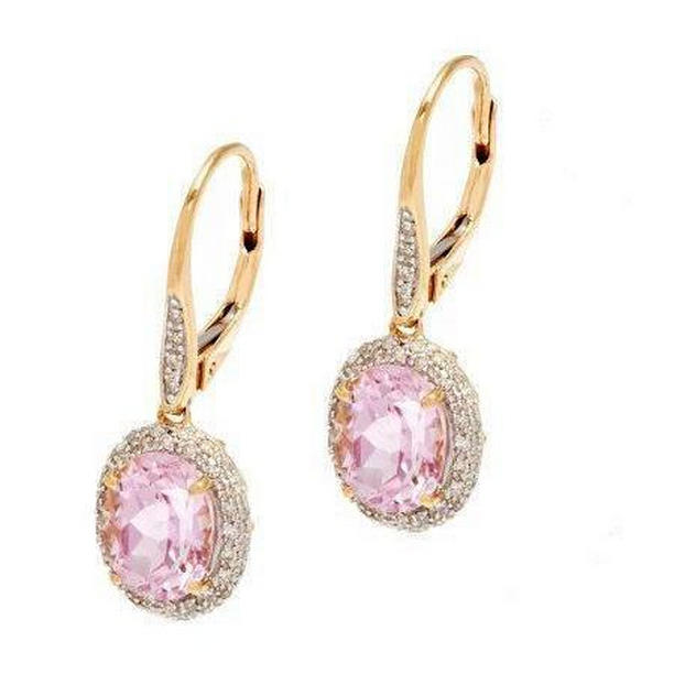 14K Yellow Gold Pink Kunzite with Diamonds 14 CT Dangle Earrings